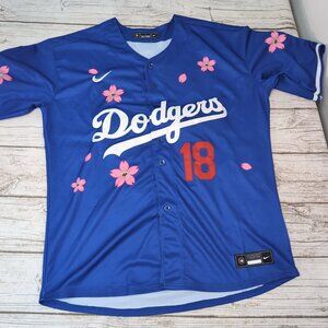 Nike Dodgers MLB Blue Sakura Flower Jersey #18 Button-Up – Men’s L